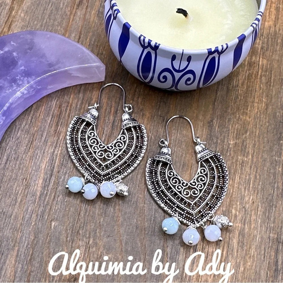 Aquamarine white jade dangle long boho jeweled silver statement earrings - Picture 1 of 3